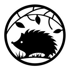 Elegant Silhouette of a Hedgehog with Foliage in a Circular Frame