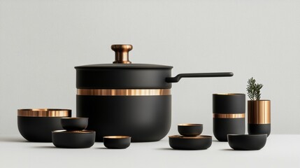 Modern black cookware set with copper accents arranged on a neutral background for stylish kitchen decor