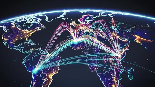 Stylized glowing world map showing dynamic trade routes and international connections, emphasizing digital globalization and worldwide logistics systems.