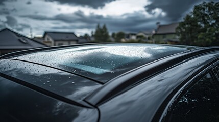 Obraz premium Rain droplets on a car's sunroof reflecting stormy clouds in a suburban neighborhood