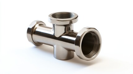 A shiny stainless steel pipe fitting used for connecting multiple plumbing lines in various projects