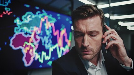 Concerned businessman on the phone in front of a world map and fluctuating financial graphs, depicting urgent decision-making in global markets. - Powered by Adobe