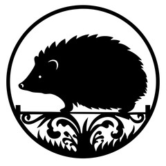 Silhouette of a hedgehog within a circular frame with floral designs