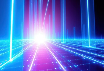 Bright blue digital grid beams converge on horizon, futuristic tech aesthetic, illumination,  tech texture