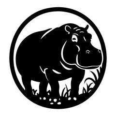 A stylized hippo stands in a circle with grass in black and white