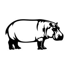 Silhouette of a massive hippopotamus standing on a white background, isolated