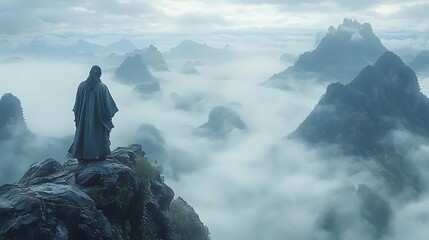 Person on Mountain Peak Overlooking Misty Valley Landscape Scenery