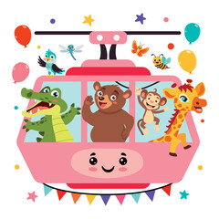 Cartoon Animals In A Cablecar