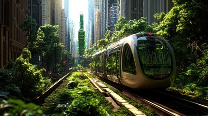 Urban greenery, futuristic train, city streets, lush vegetation background.  Possible use sustainable transportation concept