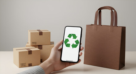 Fototapeta premium Hand holding a smartphone displaying a recycle logo, with cardboard boxes and a reusable tote bag nearby—representing the concept of eco-friendly and sustainable shopping. 