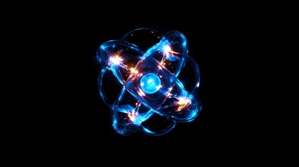 Abstract atom structure blue neon glowing energy science background art dark wave light orbit space
