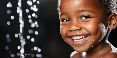 Joyful Shower: Captivating the radiant smile of a young child, embraced by refreshing water droplets. A moment of pure, unadulterated delight.