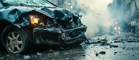 Fototapeta premium Urban Car Crash Damaged Vehicle, City Street, Accident Scene
