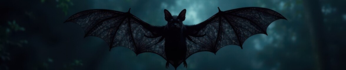 Dark silhouette of flying bat with intricate black textures and veins, shadows, texture