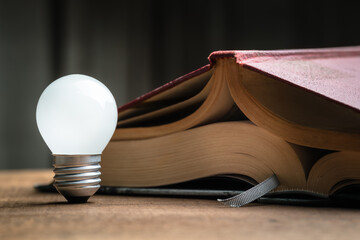 A small light bulb is glowing with two old books stacked on top of each other, knowledge is power