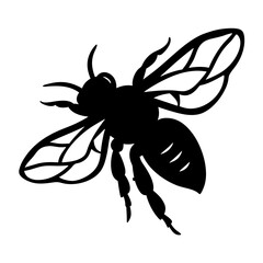Stylized Black Silhouette of a Bee with Detailed Wing Veins Against White