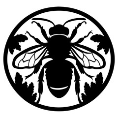 Detailed Black and White Honey Bee Illustration in a Circular Frame
