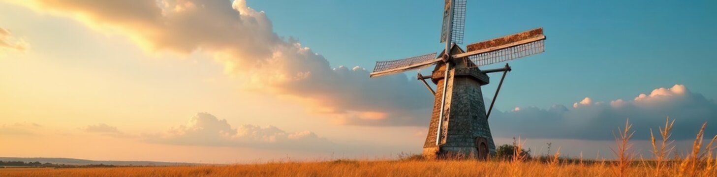 Weathered windmill against vibrant summer sky, history, aesthetic, old