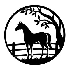 Silhouette of a horse in a pasture under a tree in circular design © Tanjila