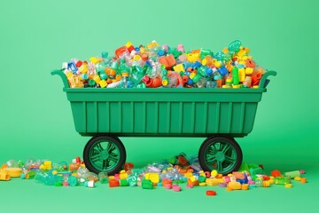 A vibrant green toy wagon overflowing with colorful plastic toys and debris.