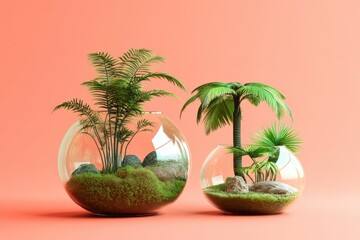 Two glass terrariums showcase miniature tropical plants.