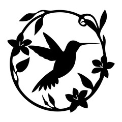 Elegant hummingbird silhouette amidst a floral wreath design in black and white © Tanjila