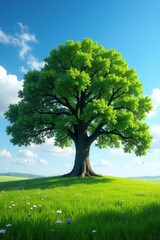 Ancient oak, perfect canopy against blue sky, tranquil meadow, background, environment
