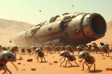  Crashed Metallic Spaceship Invaded by Insectoids in Sandy Desert