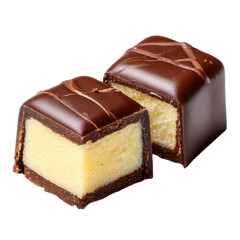 Two chocolate candies, one cut in half, revealing a creamy filling. Delicious dessert, sweet treat.