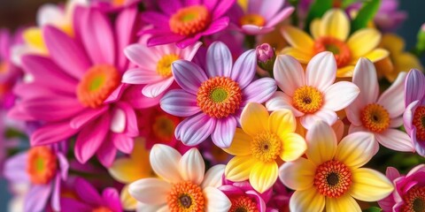 Close-up of a vibrant, colorful bouquet of artificial flowers, light, event