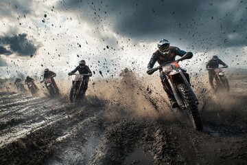 Motocross Thrill: Riders navigate a challenging off-road course on motorcycles, kicking up dirt and facing a cloudy sky, full of speed and control.