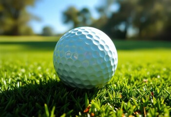 Obraz premium Close-up of golf ball resting on lush green putting surface, sunlight dappled , sports equipment, leisure