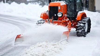 Orange snowplow clearing snowy road during winter season with dynamic snow spray and gray sky in rural area