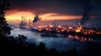 Fototapeta premium Industrial cityscape at dawn, smog and mist over river, urban pollution