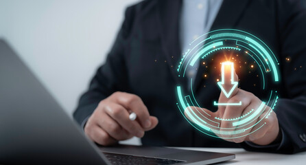 High-tech user interface with a glowing arrow icon symbolizing digital download, data transfer and...