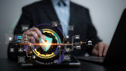 Futuristic data security system with glowing digital shield representing encrypted access, firewall...