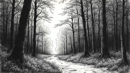 Obraz premium Monochrome Forest Path with Trees and Clearing