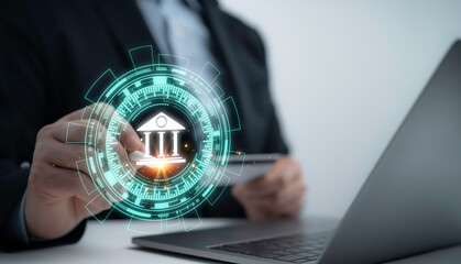 Businessman using futuristic online banking interface with secure financial technology icons representing transactions and digital money systems