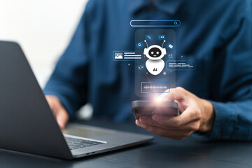 AI agent and generative artificial intelligence concept. Businessman using AI agents on screen, including AI chatbots, AI assistants, and data analytics tools on a laptop. LLM, Ai agentic workflows.