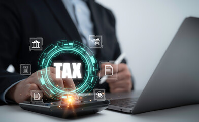 Businessman calculating tax with a digital interface featuring financial icons for online payments,...