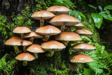 Cluster of mushrooms on mossy tree trunk in forest