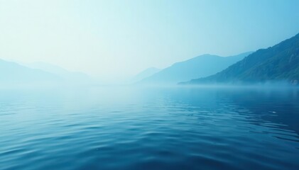 Fototapeta premium Misty marine horizon; glassy, still ocean surface, soft blue tones , landscape, maritime