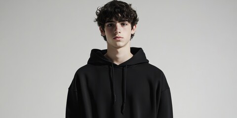 Obraz premium Simple Hoodie Fashion: A young man with dark, curly hair models a classic black hoodie, presenting a clean, modern style.