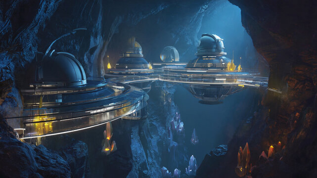 Futuristic research station nestled inside a vast, cavernous crystalline cave - Powered by Adobe