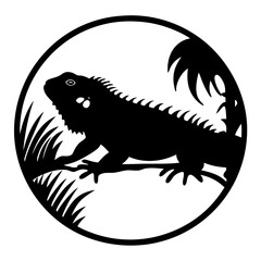 Black Silhouette of Iguana on a Branch within Circular Tropical Design