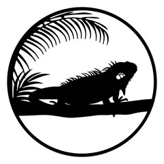 Silhouette of an Iguana Resting on a Branch Under Palm Leaves in Circle