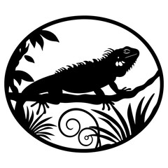Black and White Iguana Silhouette in a Circular Tropical Scene Illustration