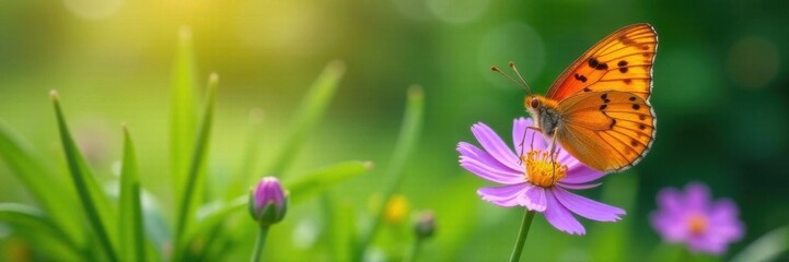 Orange butterfly's wings spread wide, delicately resting on a vibrant purple bloom amid green grasses , blossom, texture