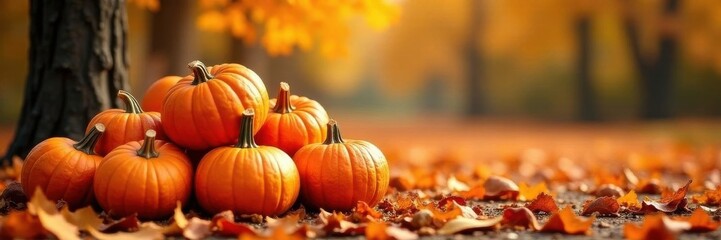 Pile of pumpkins & autumn leaves, warm color palette, harvest, still life, vibrant