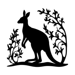 Silhouette of a Kangaroo in Native Australian Flora Setting Artistic Black and White Illustration